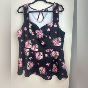 torrid Black White Skull Pink Rose Print Gothic Grunge Sleeveless Peplum Top 2X